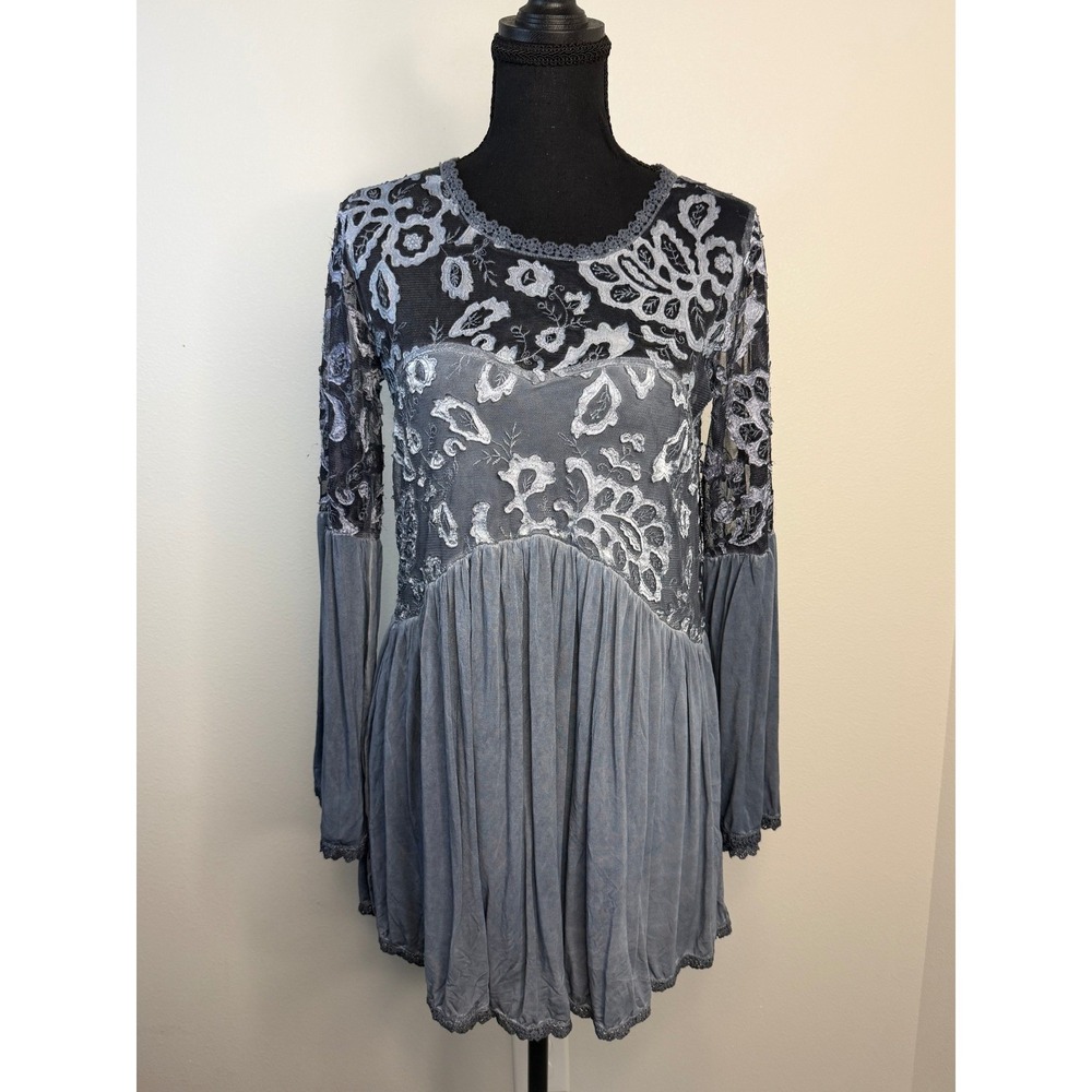 POL Women's Blue Floral Lace Babydoll Tunic Top Long Sleeve Boho Size S